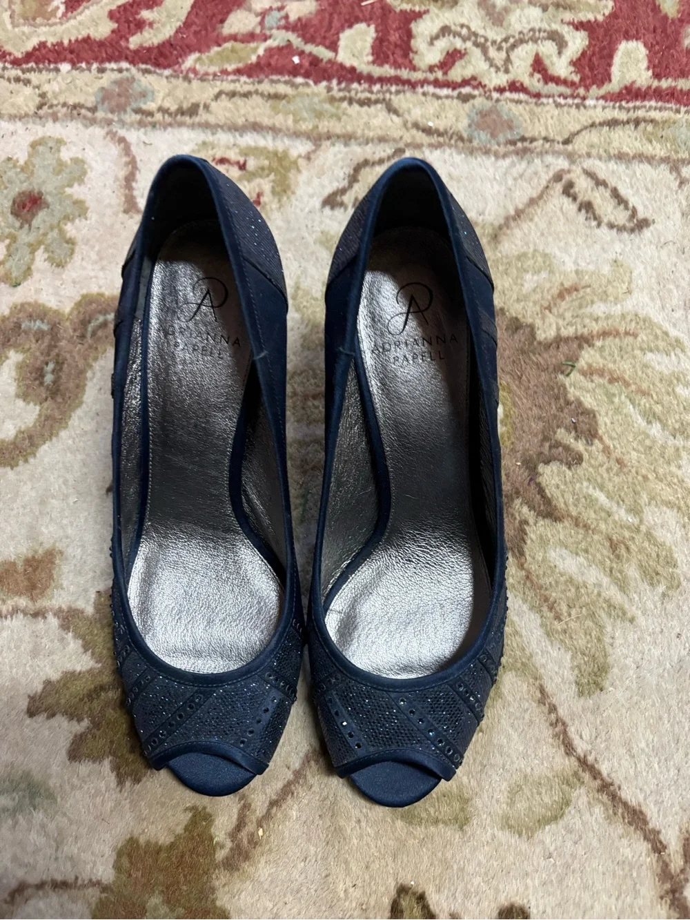Adrianna Papell Navy Peep-Toe Heels with Subtle Sparkle